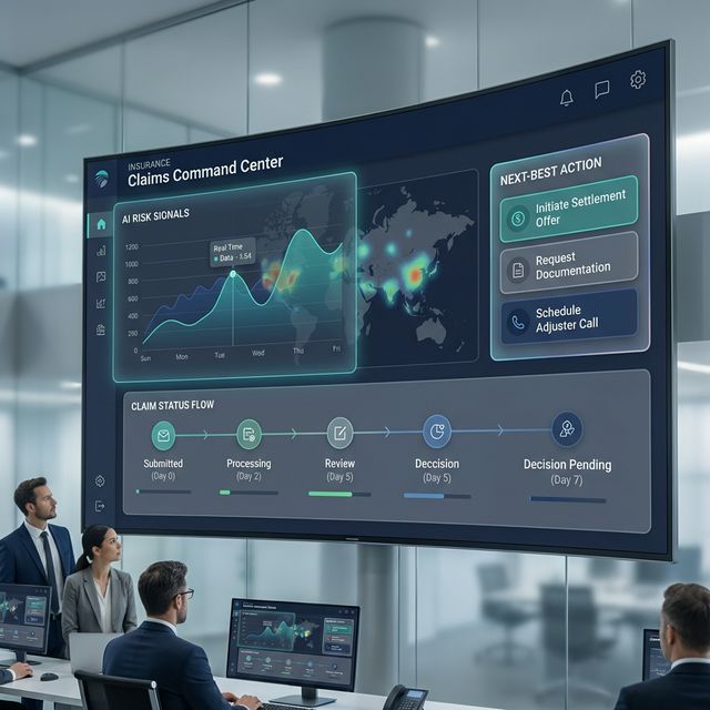 Wide hero visual of a modern claims command center dashboard with AI risk signals